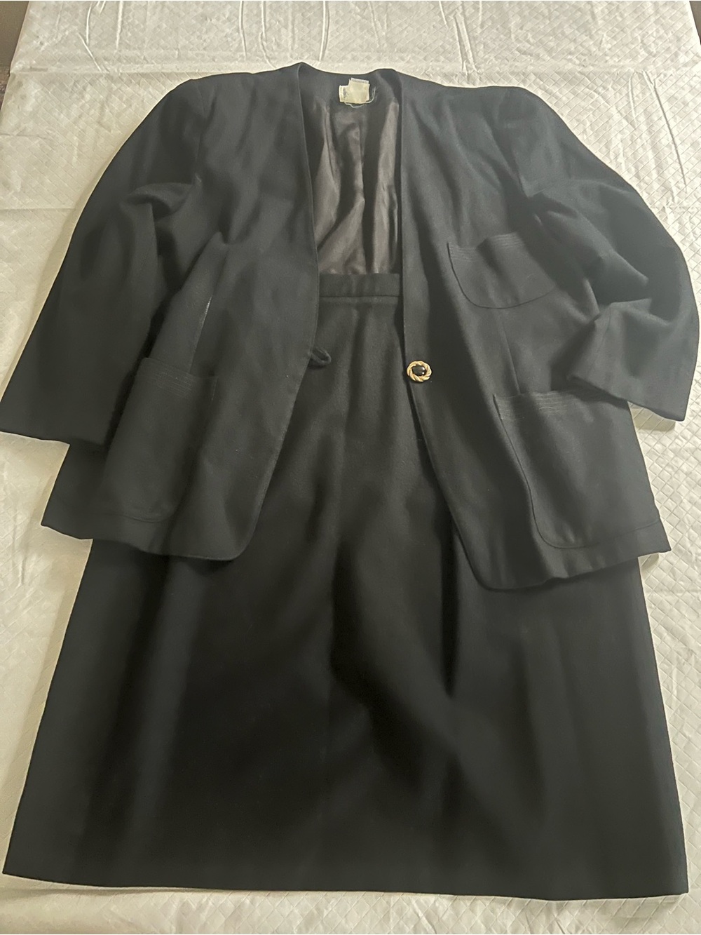 Vintage Leslie Fay Black Women's Skirt Suit with Gold Accent 100%Wool